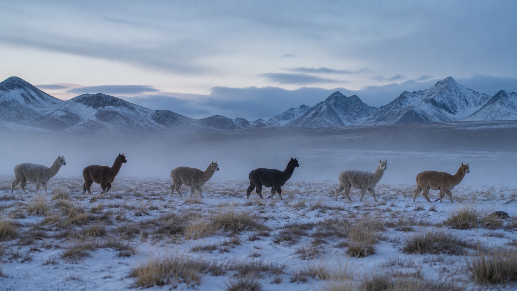 A herd of alpacas crossing a snow-dusted Andean plateau