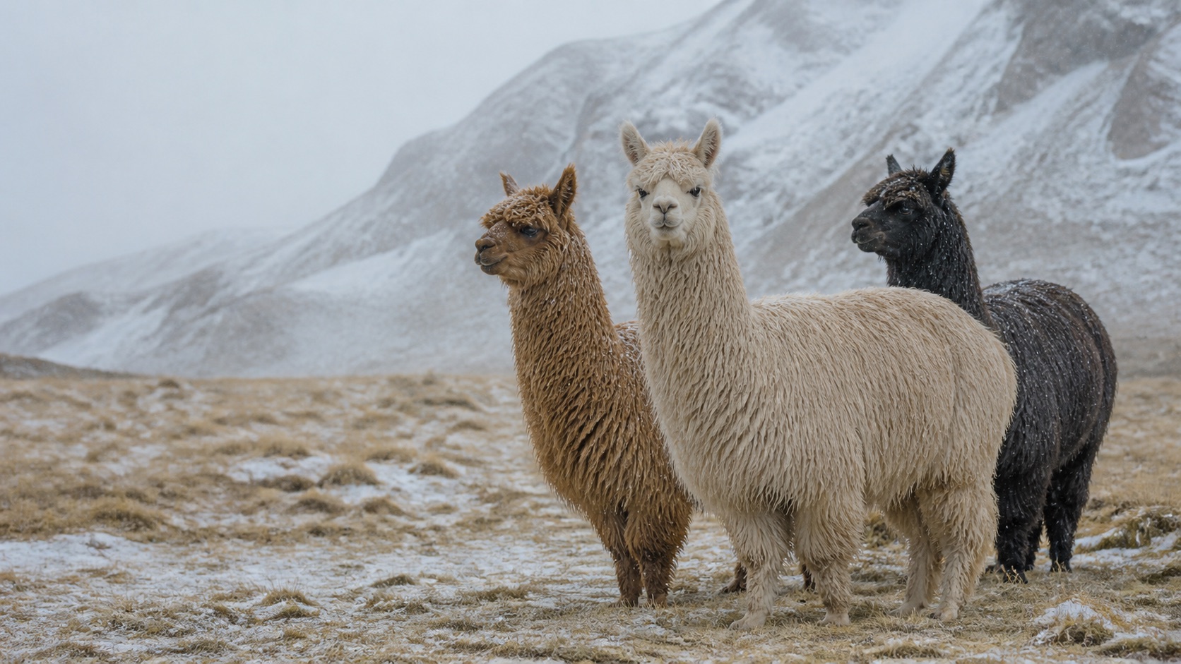 Three alpacas standing together in light Andean snowfall